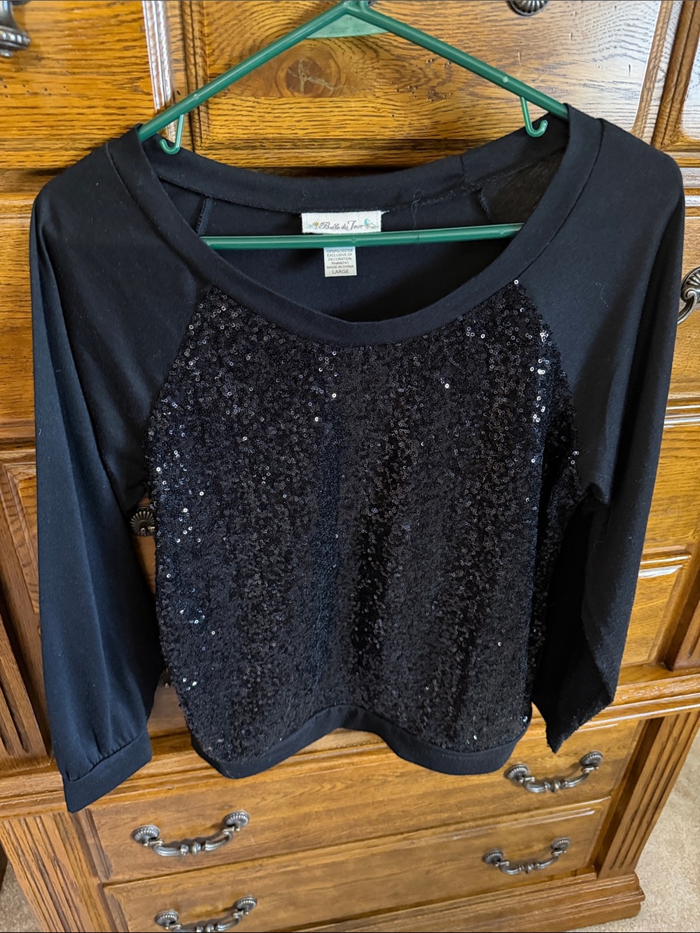 Belle Du Jour Black Sequin Raglan Shirt